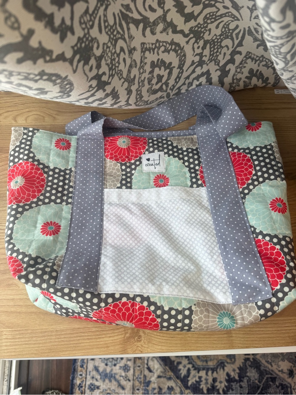Floral Canvas Tote in Gray, Mint & Coral